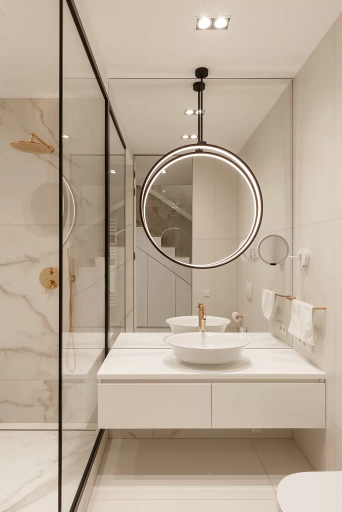 Modern Bathroom White Neutral Marble Gold Accents