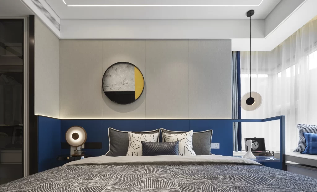 Modern Bedroom Blue Gray Neutral Geometric Patterns