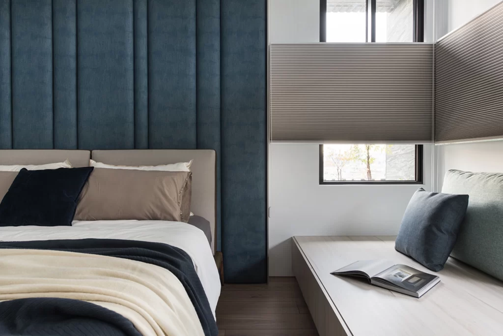 Modern Bedroom Blue Neutral Dark Wood