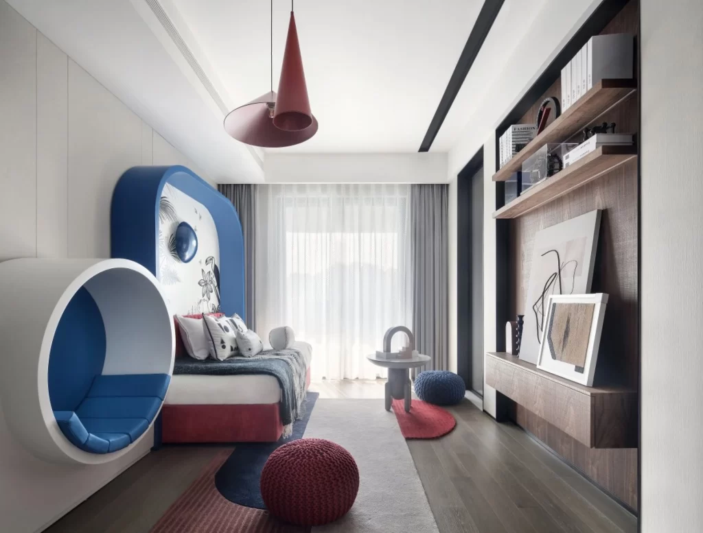 Modern Bedroom Blue Red White Geometric Patterns