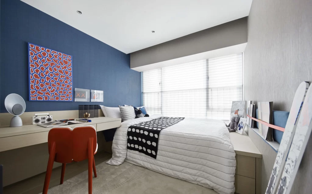 Modern Bedroom Blue White Neutral Patterned Accents