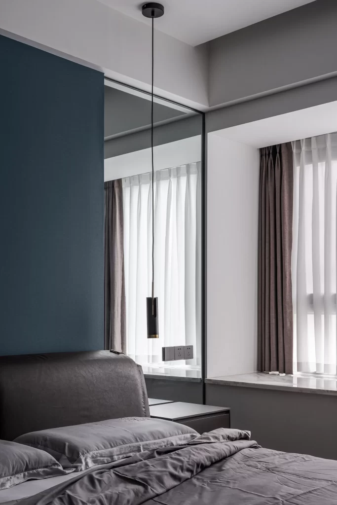 Modern Bedroom Dark Blue Neutral Light Wood