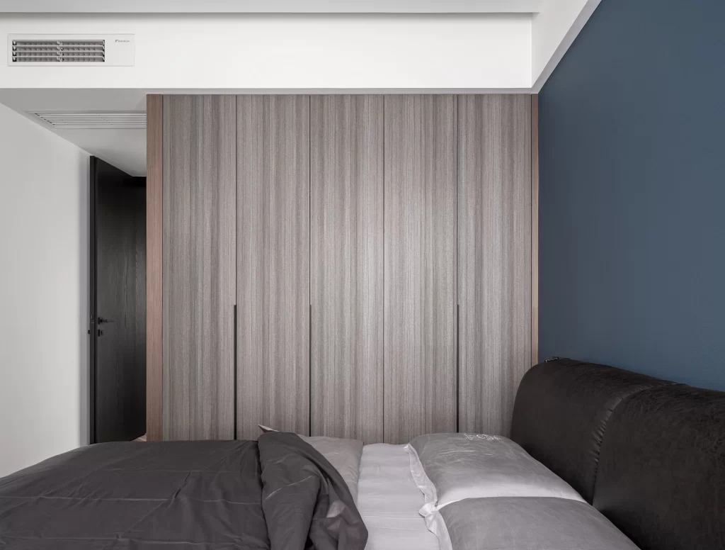 Modern Bedroom Dark Blue Neutral Wood Paneling