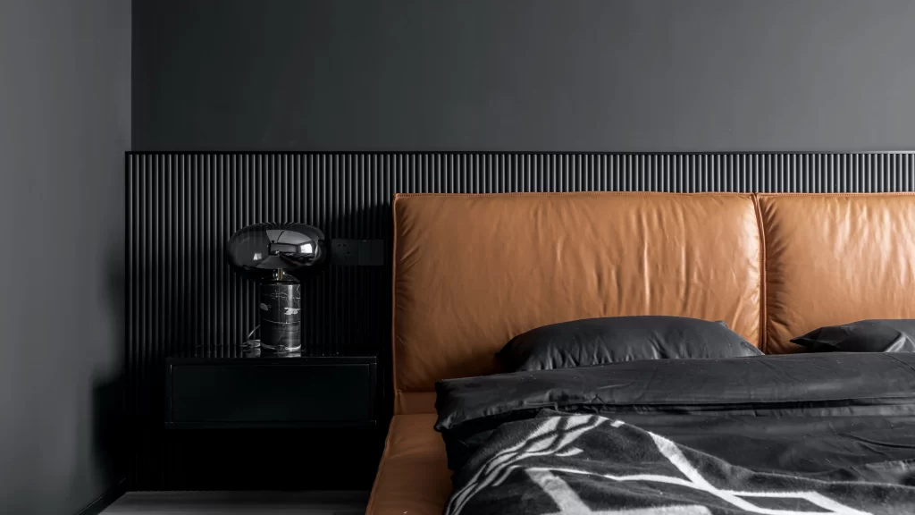 Modern Bedroom Dark Gray Leather Black Accents