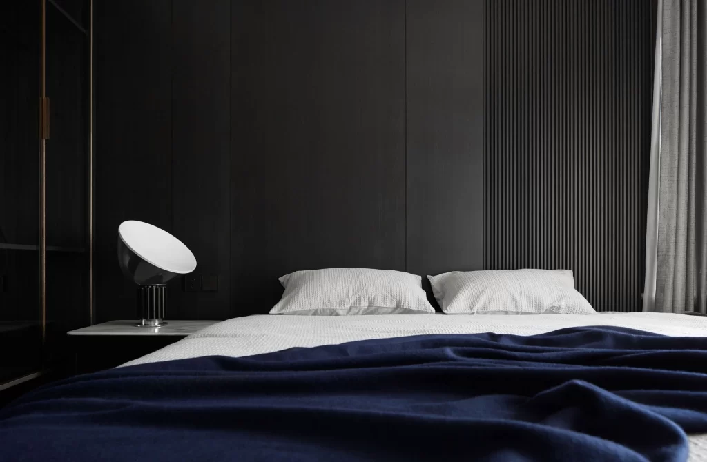 Modern Bedroom Dark Gray Neutral Blue Accents