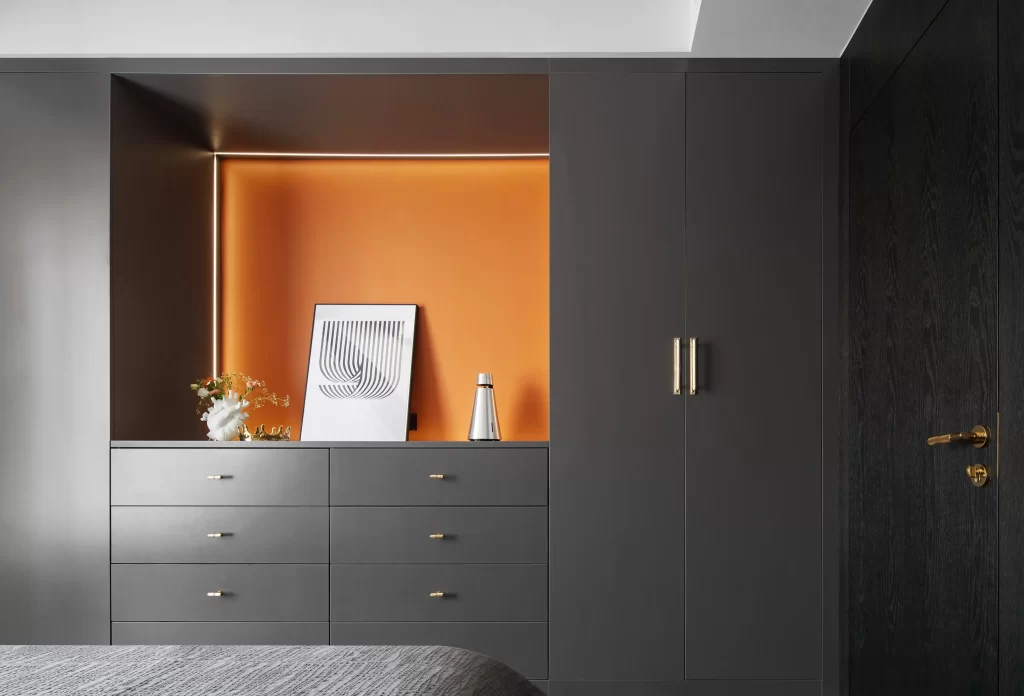 Modern Bedroom Dark Gray Neutral Orange Accents