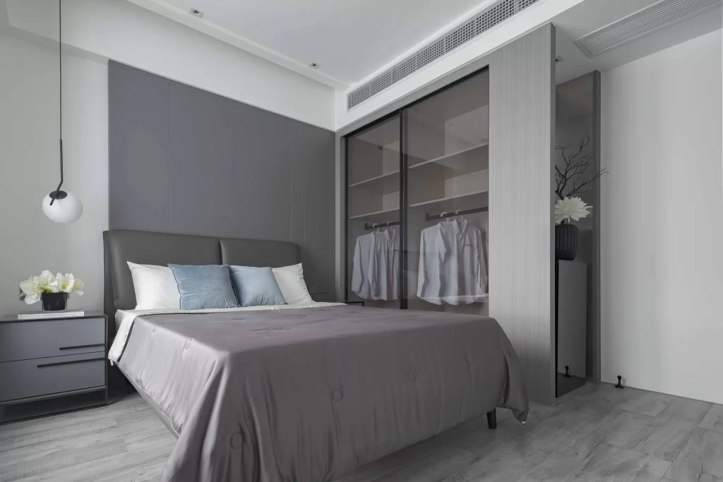 Modern Bedroom Grey Neutral Light Wood Sliding Doors