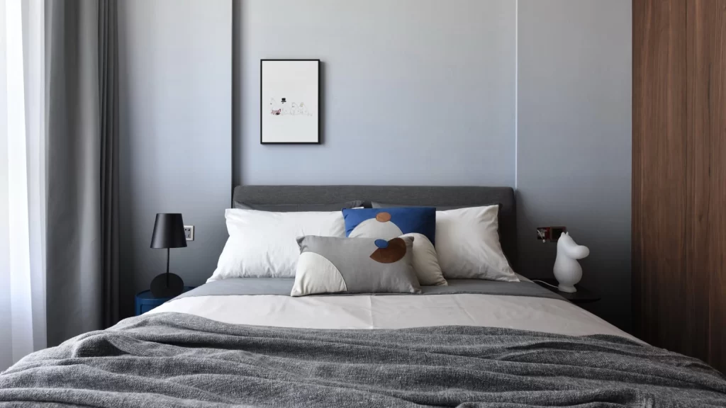 Modern Bedroom Grey White Blue Neutral Simple