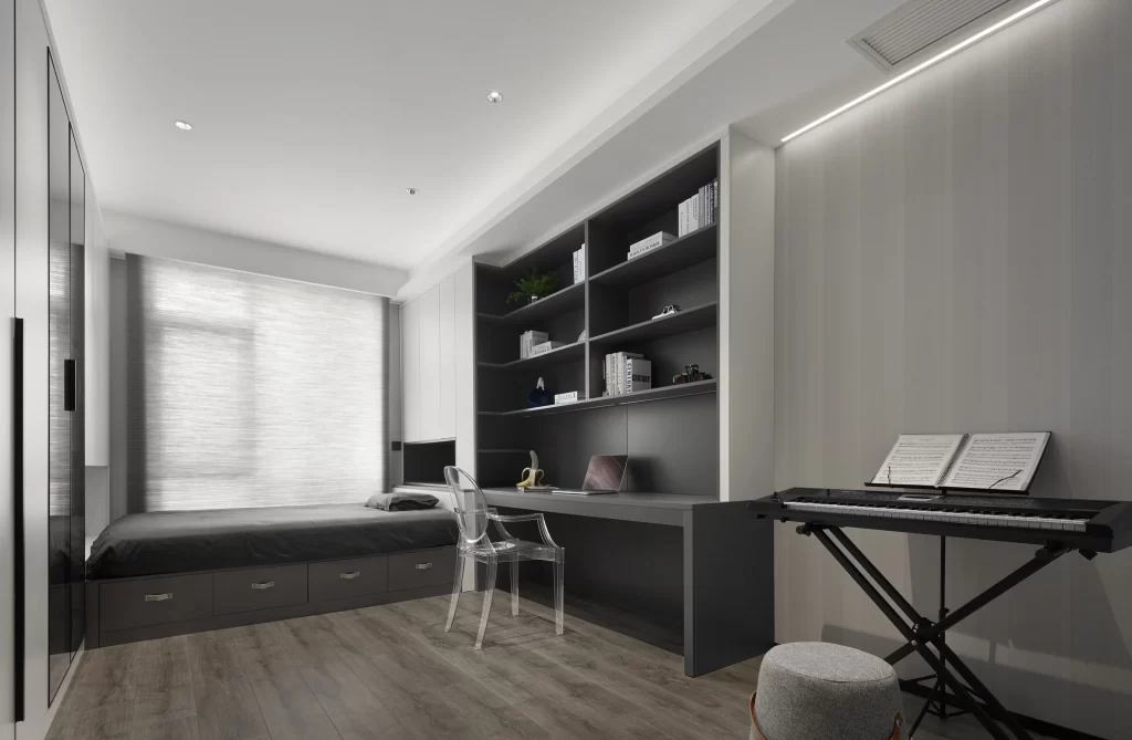 Modern Bedroom Monochrome Neutral Dark Wood