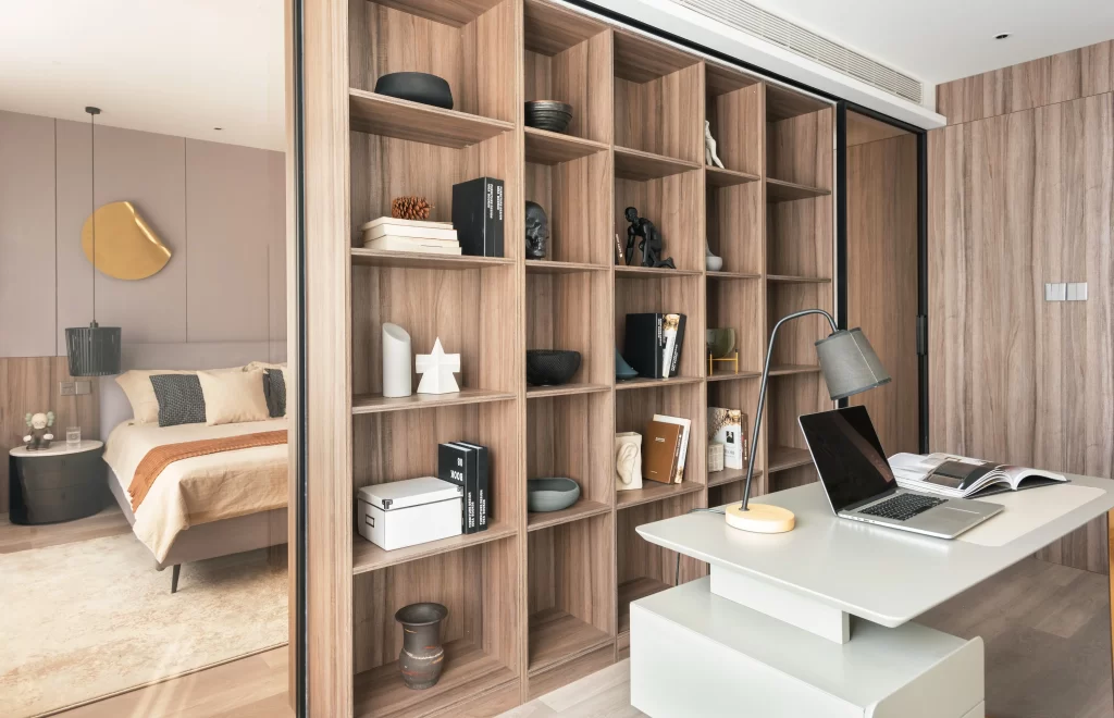 Modern Bedroom Neutral Beige Wood Accents Open Shelving