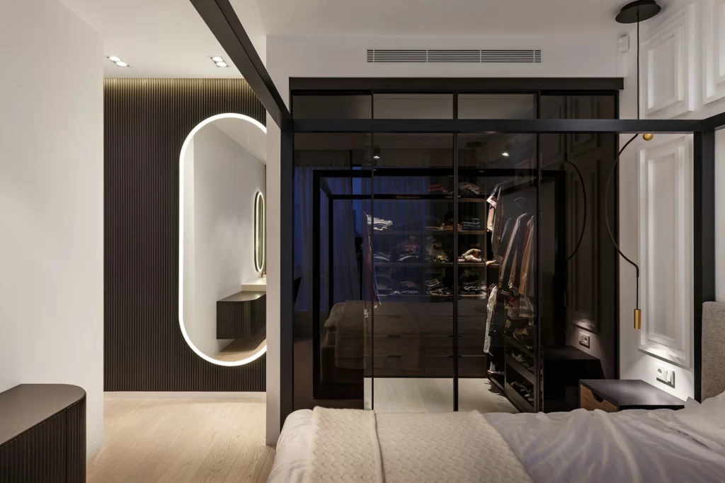 Modern Bedroom Neutral Black White Glass Sliding Door
