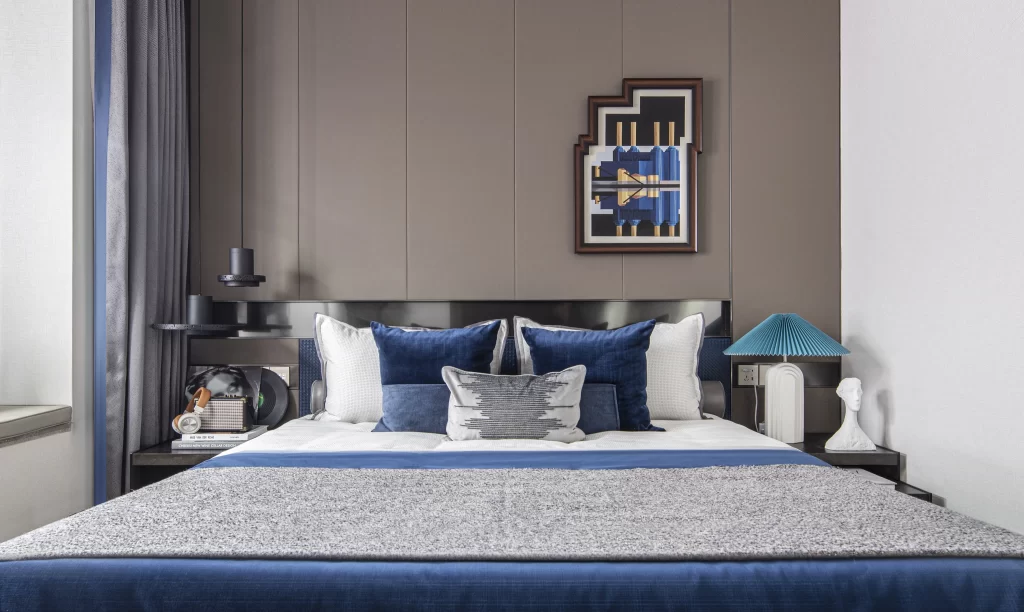 Modern Bedroom Neutral Blue Gray Accents Artistic