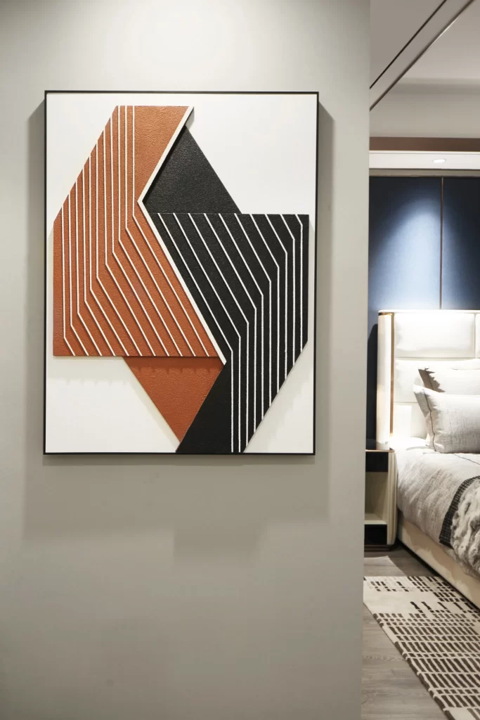 Modern Bedroom Neutral Color Palette Geometric Patterns Minimalist Design