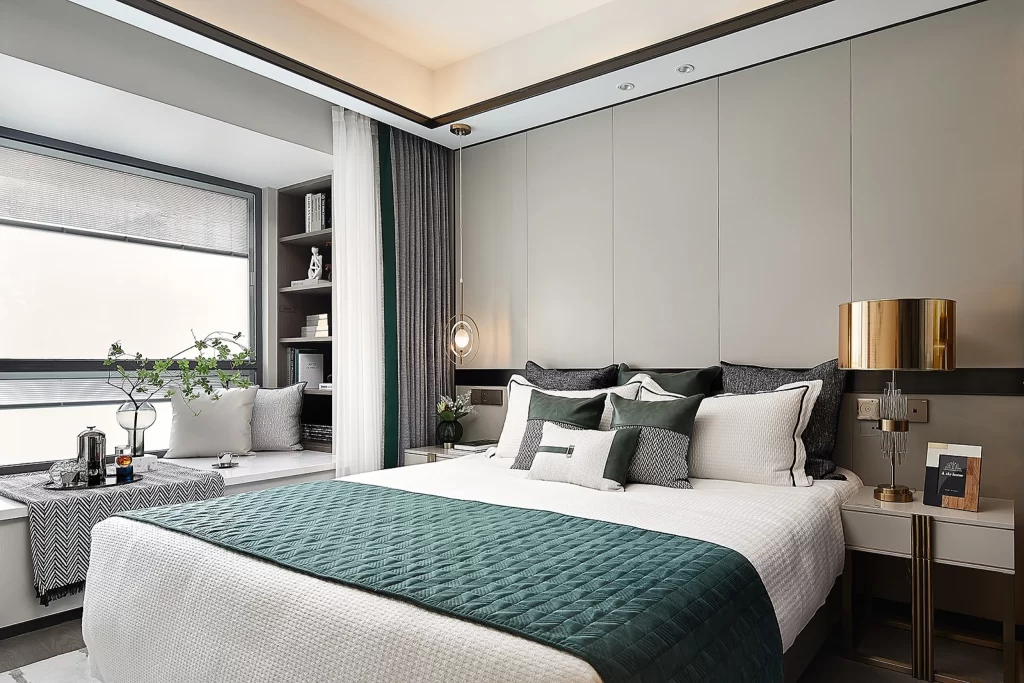 Modern Bedroom Neutral Color Palette Minimalist Design Soft Lighting Cozy Atmosphere