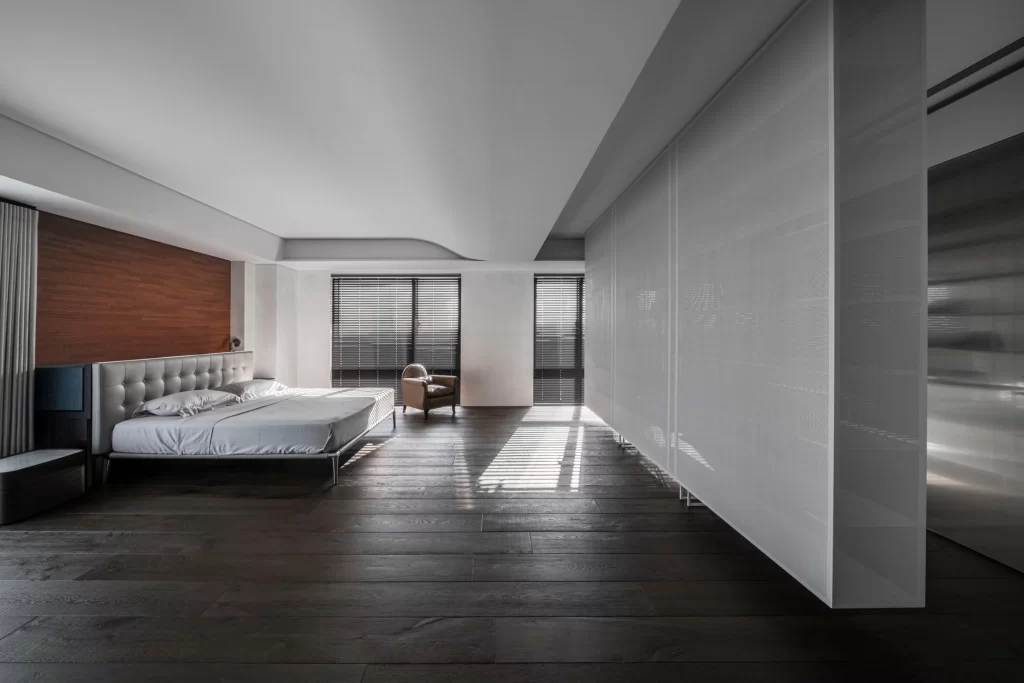 Modern Bedroom Neutral Dark Wood Minimalist Geometric Pattern