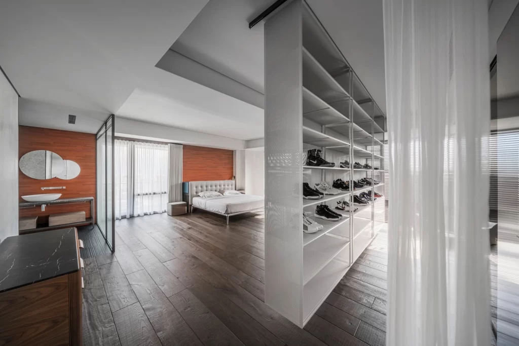 Modern Bedroom Neutral Dark Wood Open Shelving