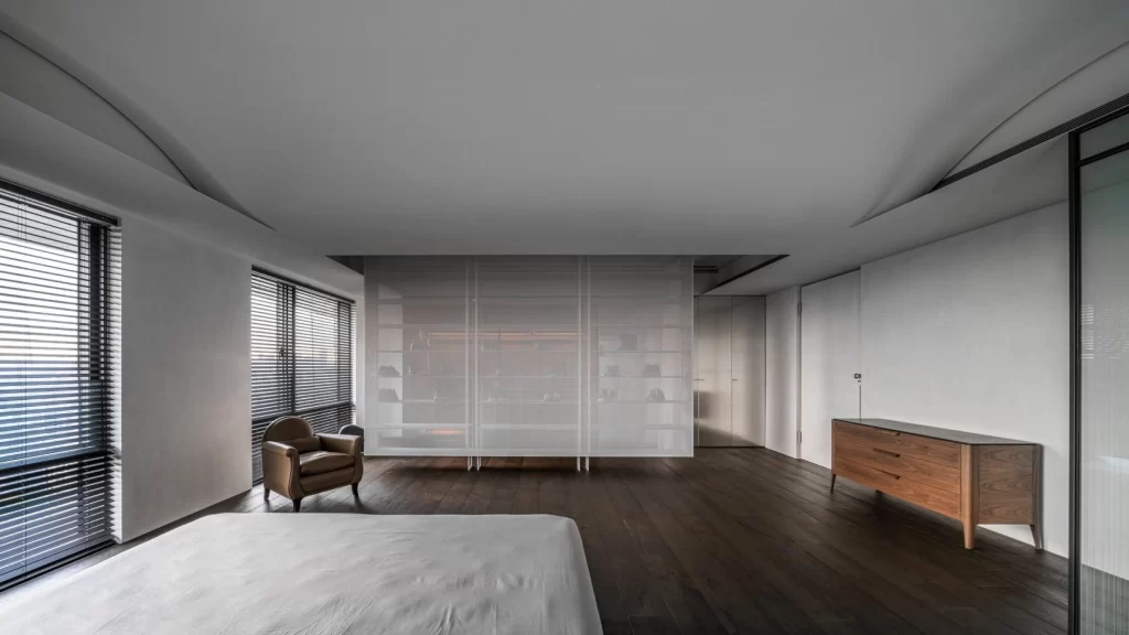 Modern Bedroom Neutral Dark Wood Transparent Partition