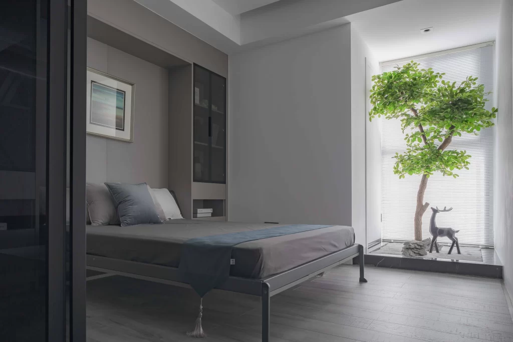 Modern Bedroom Neutral Gray Minimalist Greenery Natural Light