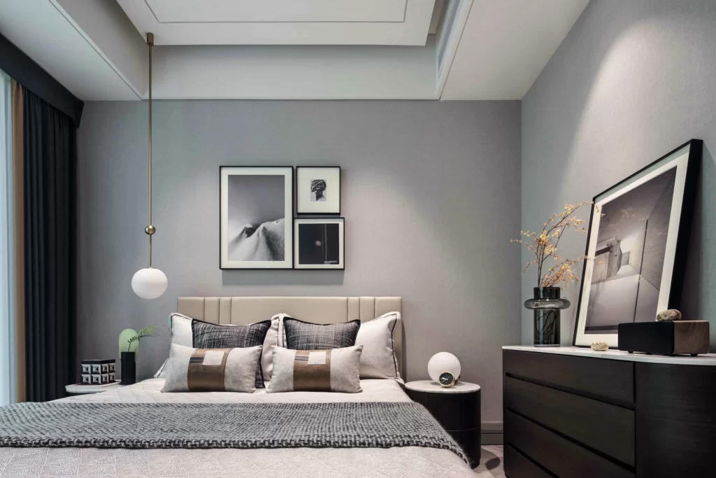 Modern Bedroom Neutral Gray Soft Lighting Minimalist
