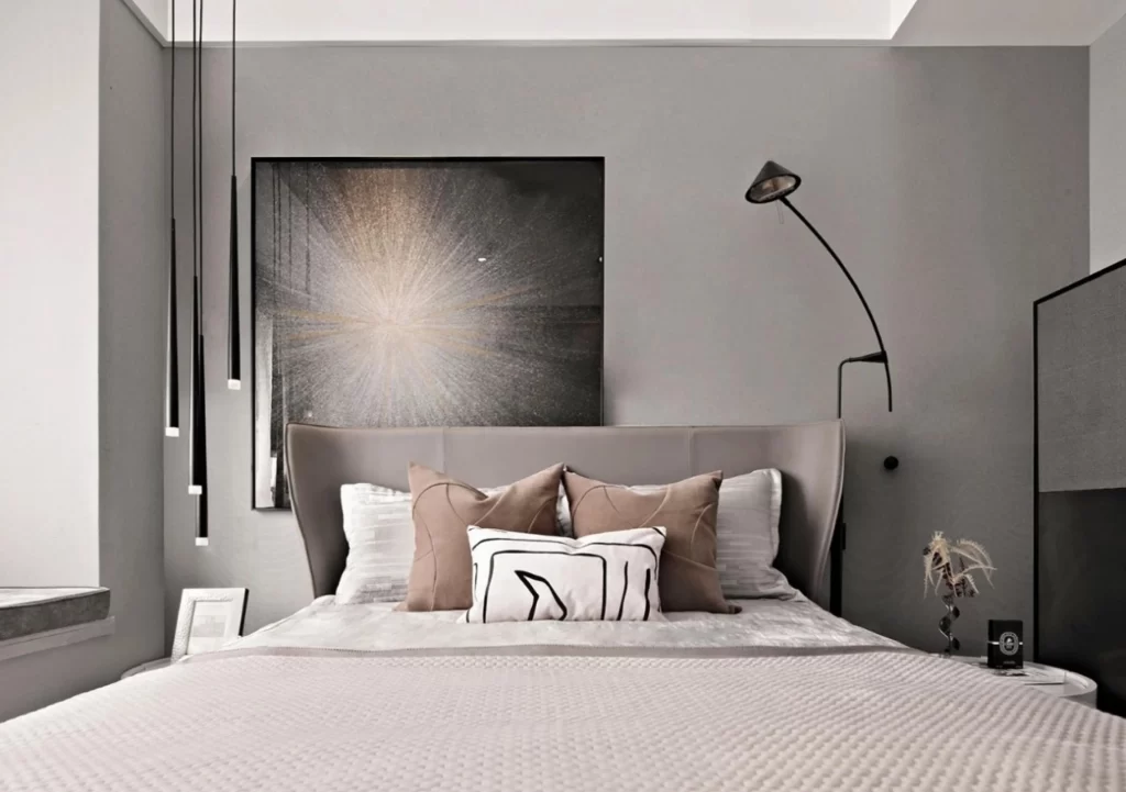 Modern Bedroom Neutral Gray Soft Textures Artistic Decor