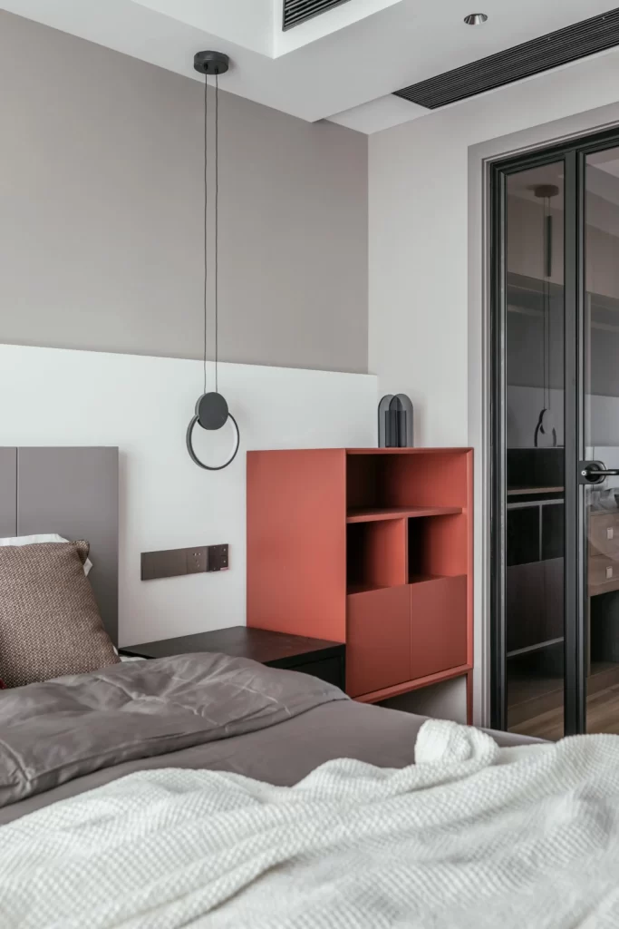 Modern Bedroom Neutral Gray White Red Open Shelving