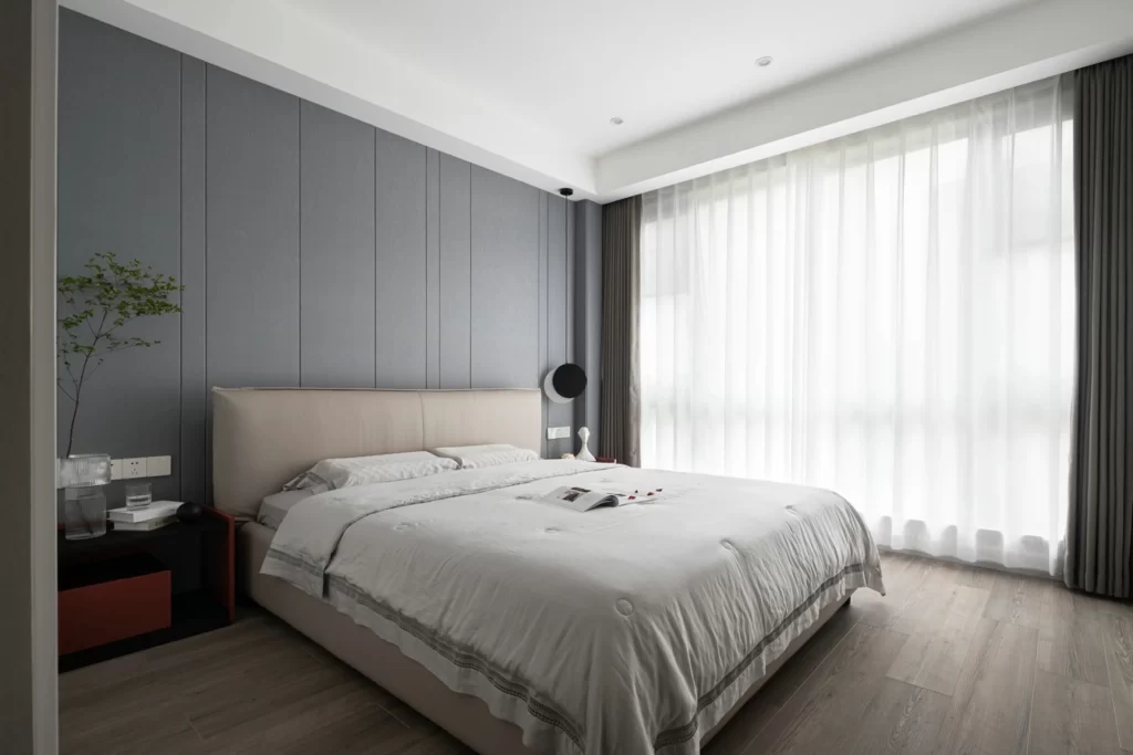 Modern Bedroom Neutral Gray White Soft Lighting