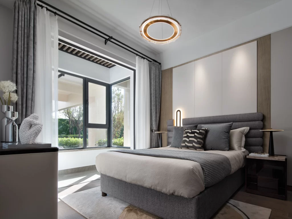Modern Bedroom Neutral Gray White Wood Accents