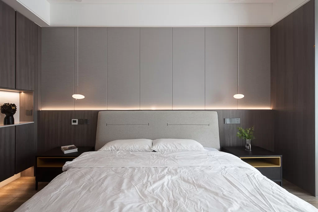 Modern Bedroom Neutral Grey White Soft Lighting