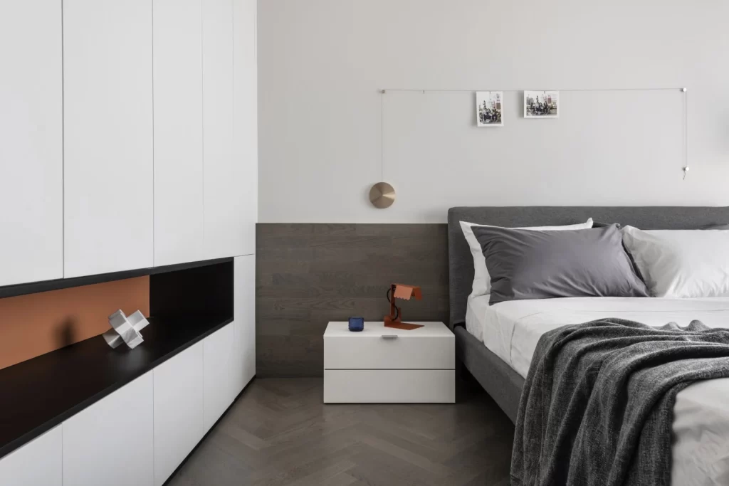 Modern Bedroom Neutral Grey White Wood Accents