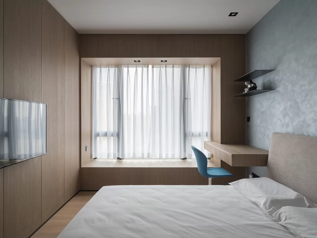 Modern Bedroom Neutral Light Wood Blue Accents