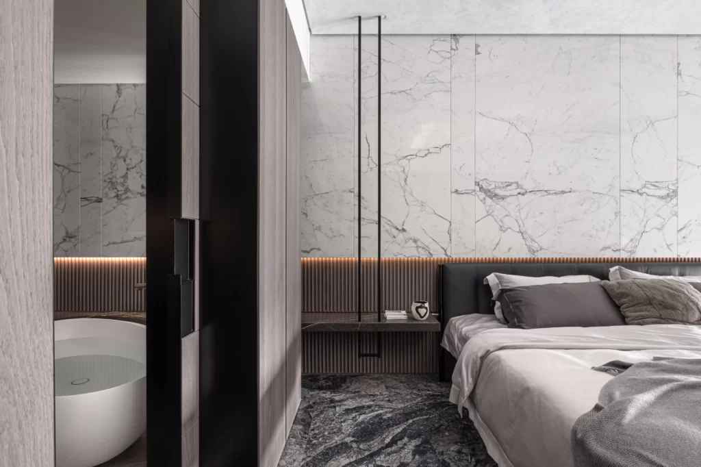 Modern Bedroom Neutral Marble Wood Accents