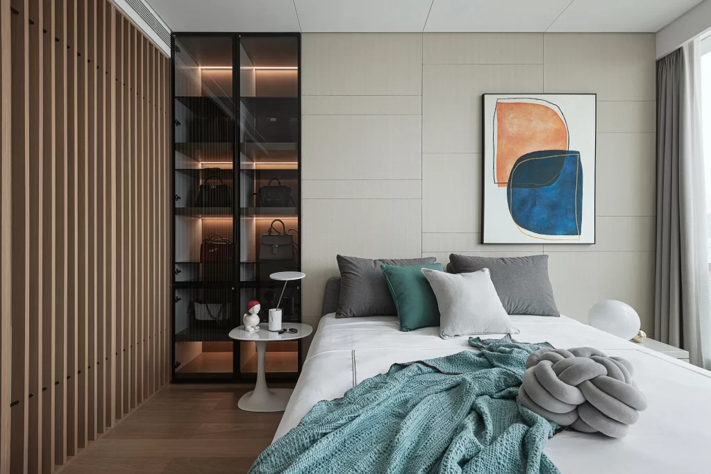 Modern Bedroom Neutral Tones Abstract Art Minimalist Design