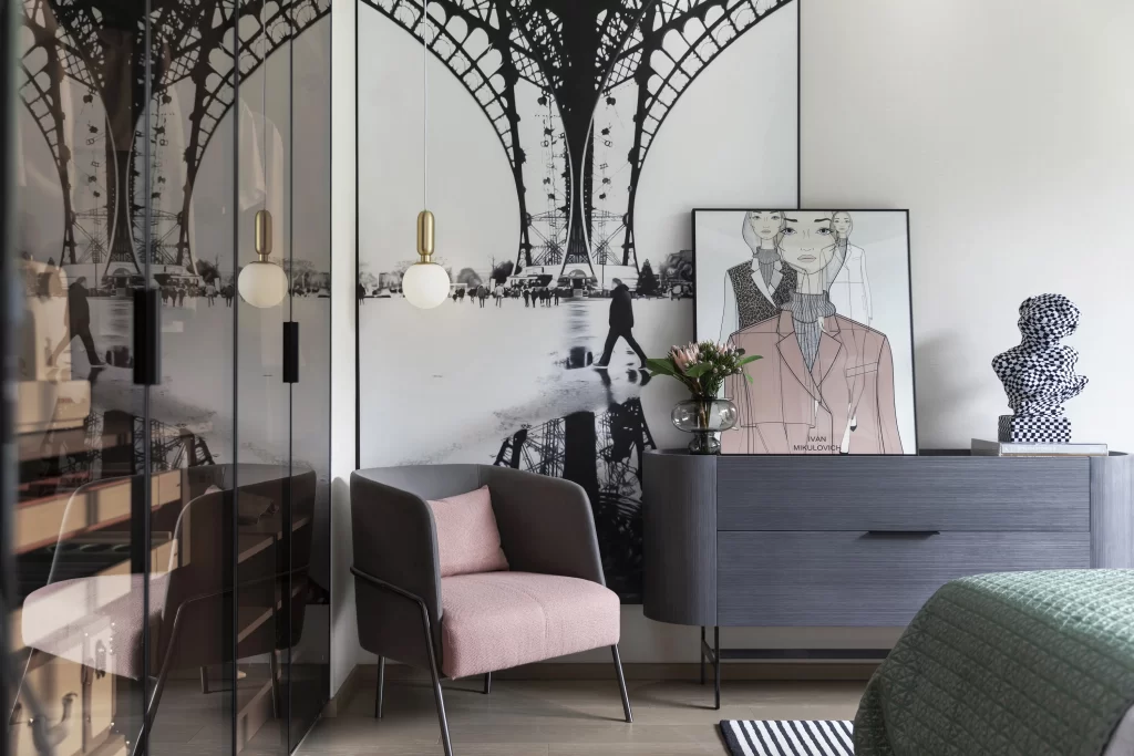 Modern Bedroom Neutral Tones Black White Pink Artistic Decor