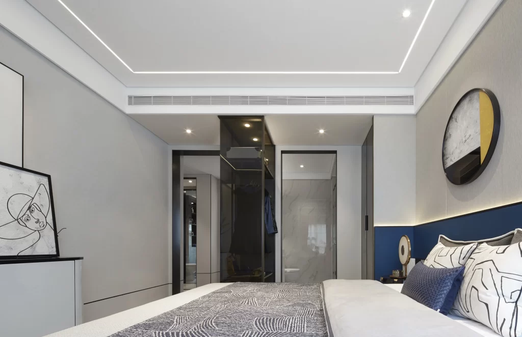 Modern Bedroom Neutral Tones Blue Accents Geometric Patterns