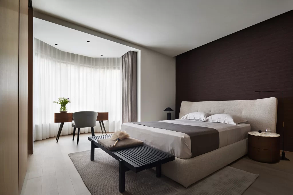 Modern Bedroom Neutral Tones Dark Wood Accents Geometric Pattern