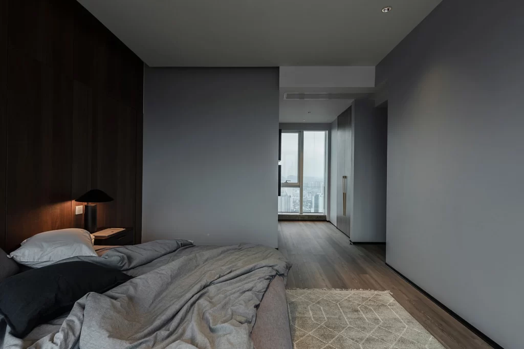 Modern Bedroom Neutral Tones Dark Wood Floor Minimalist