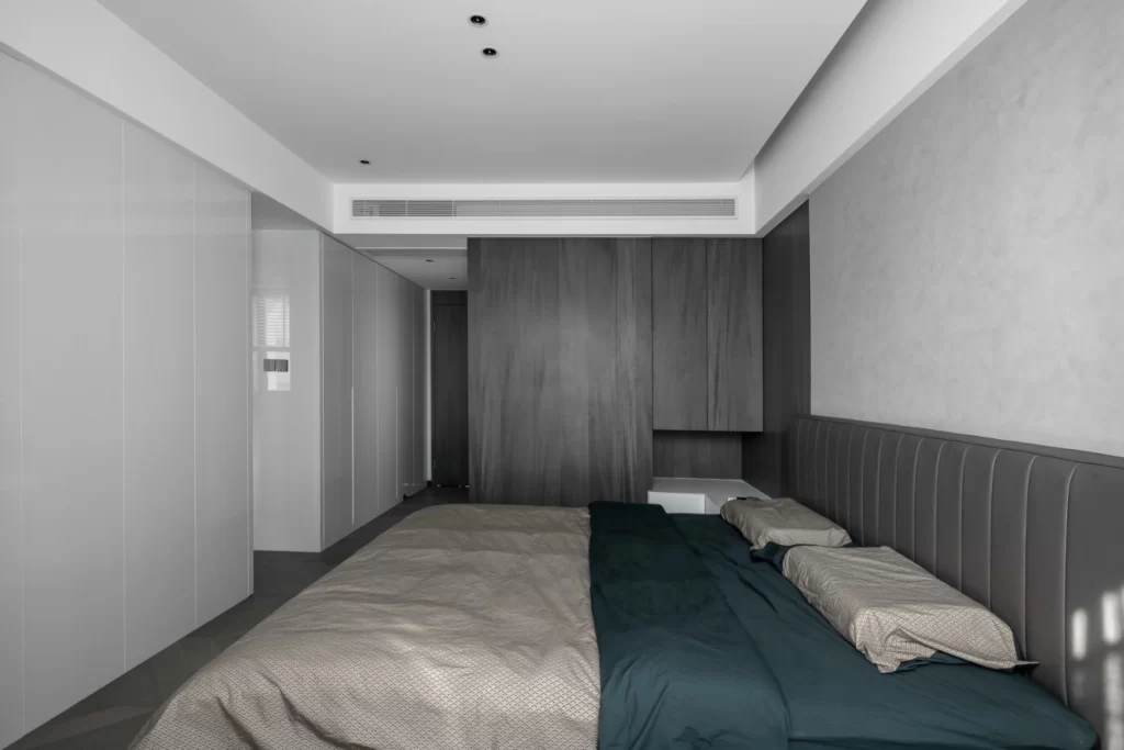 Modern Bedroom Neutral Tones Dark Wood Paneling Minimalist