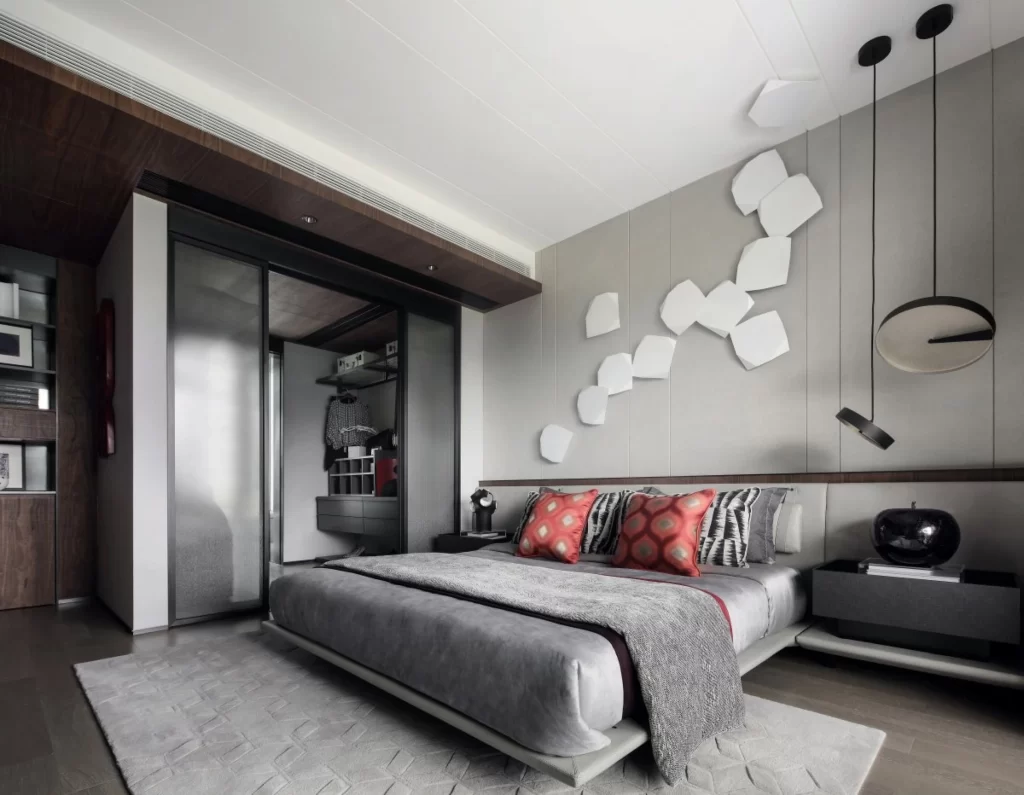 Modern Bedroom Neutral Tones Geometric Accents Sleek Furniture