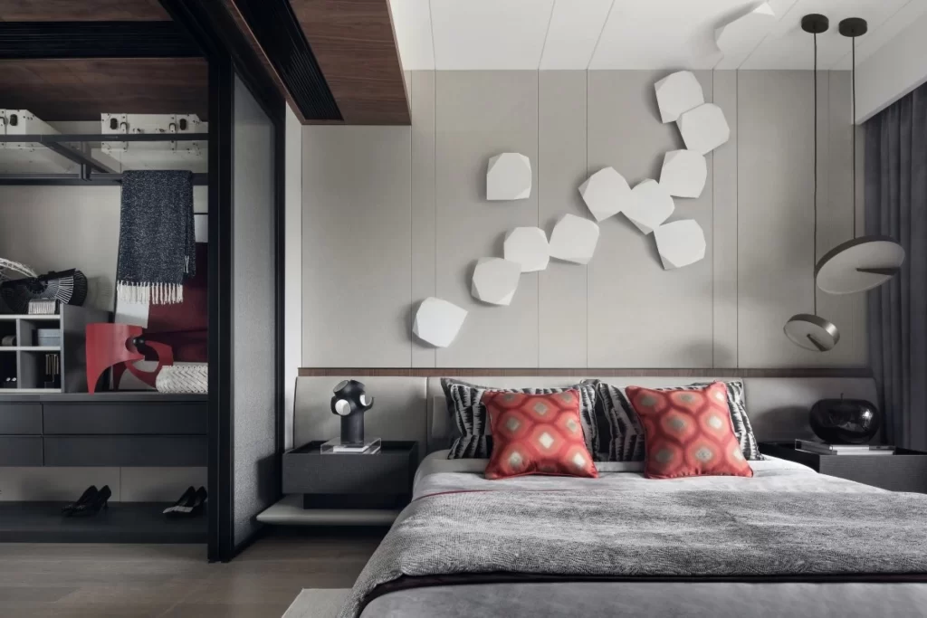 Modern Bedroom Neutral Tones Geometric Artistic Accents