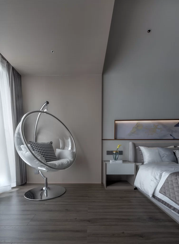 Modern Bedroom Neutral Tones Glass Chair Minimalist
