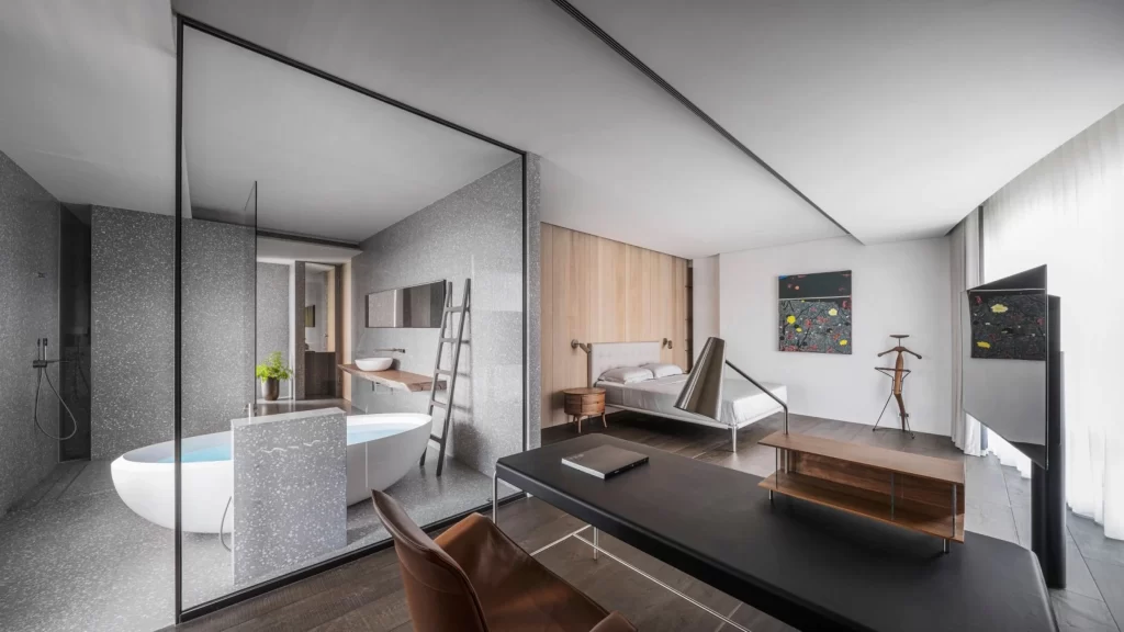 Modern Bedroom Neutral Tones Glass Partition Open Concept