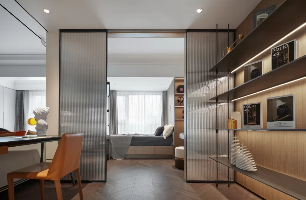 Modern Bedroom Neutral Tones Glass Sliding Doors Wooden Shelves