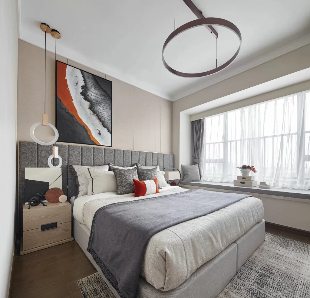 Modern Bedroom Neutral Tones Gray Accents Abstract Art Large Window