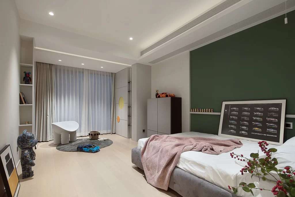 Modern Bedroom Neutral Tones Green Wall Minimalist Design