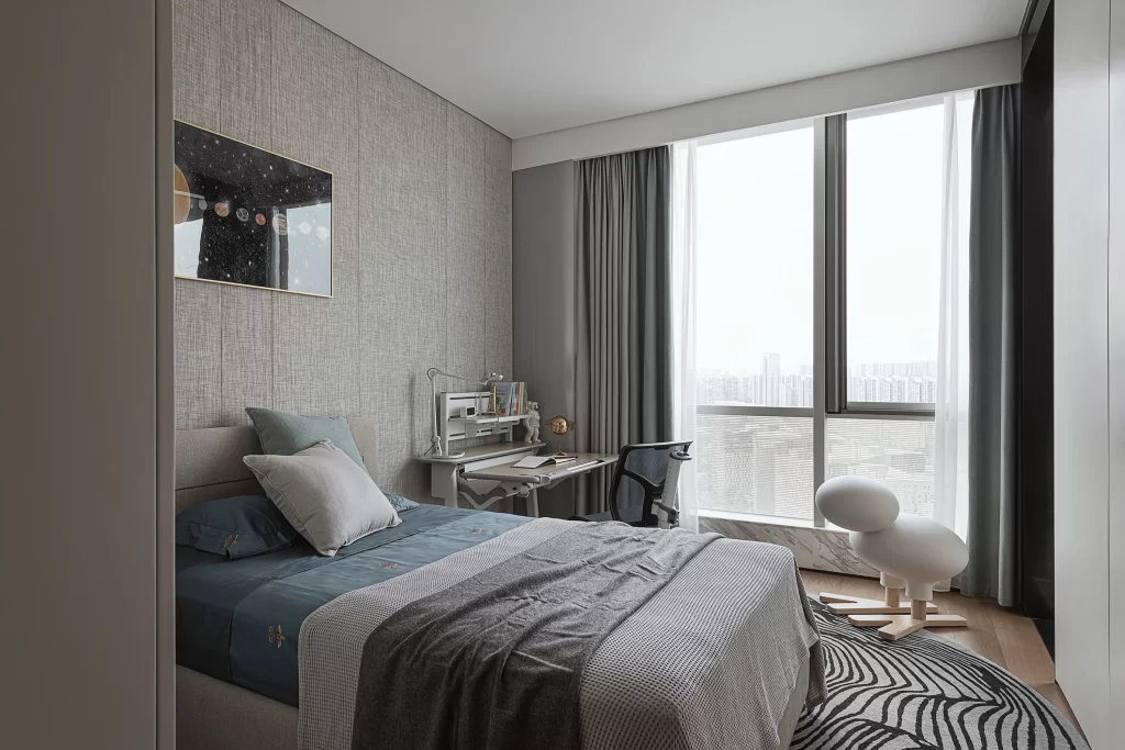 Modern Bedroom Neutral Tones Large Window Textured Wall Patterned Rug