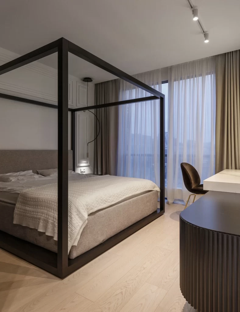 Modern Bedroom Neutral Tones Light Wood Floor Large Windows