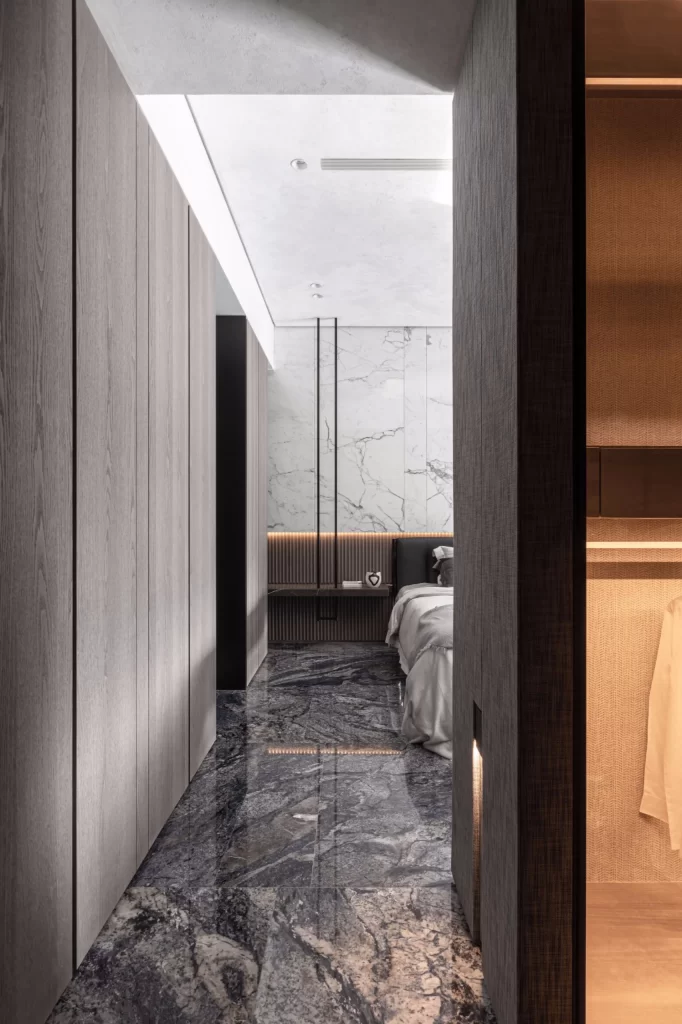 Modern Bedroom Neutral Tones Marble Wood Paneling