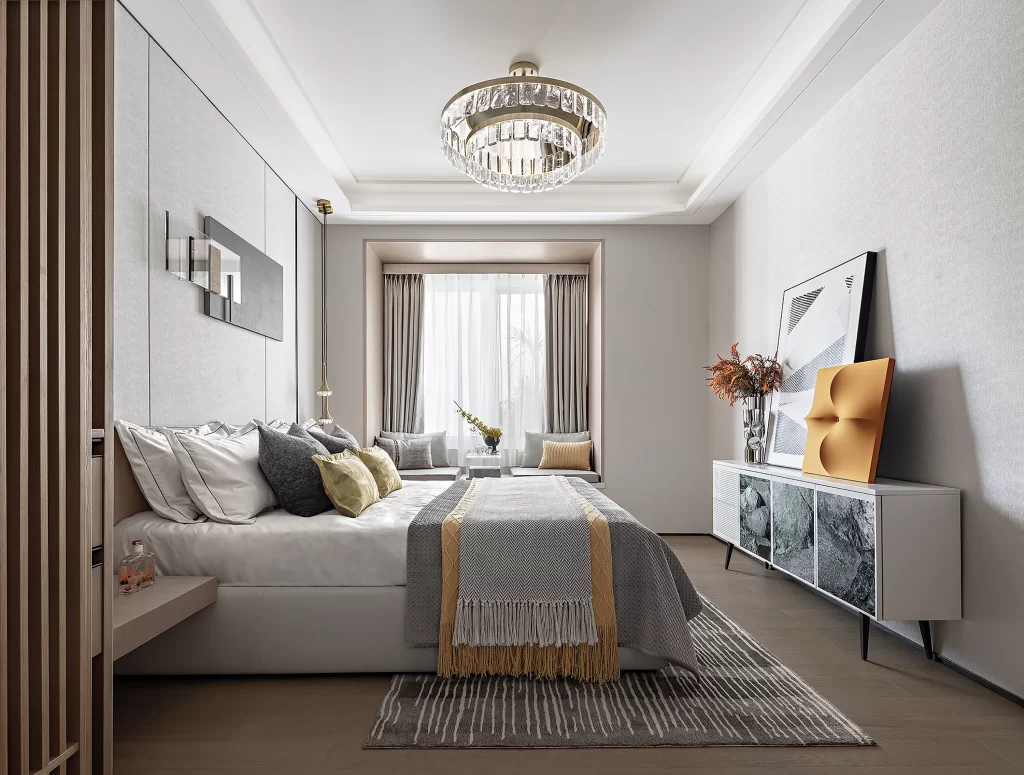 Modern Bedroom Neutral Tones Minimalist Chandelier Window
