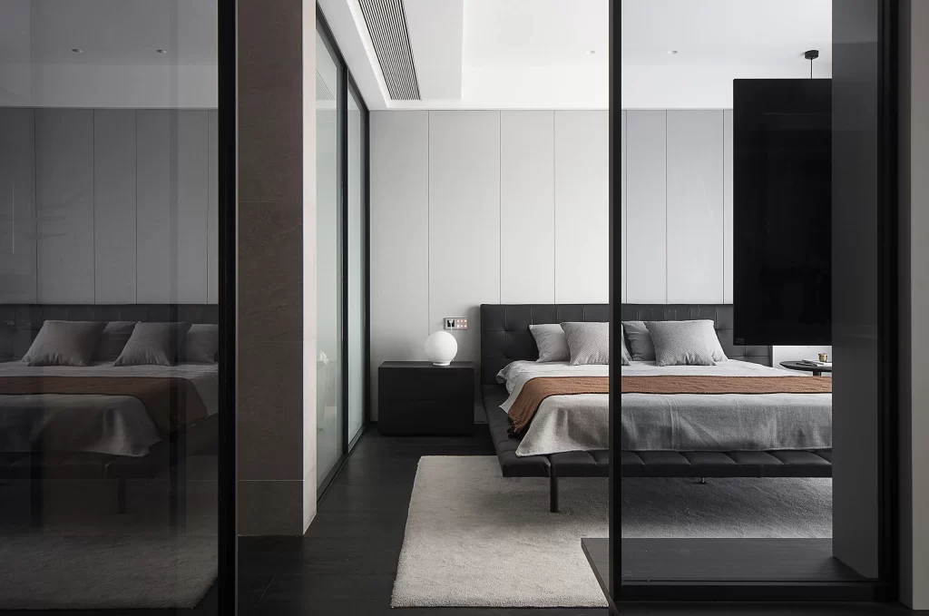 Modern Bedroom Neutral Tones Minimalist Glass Walls