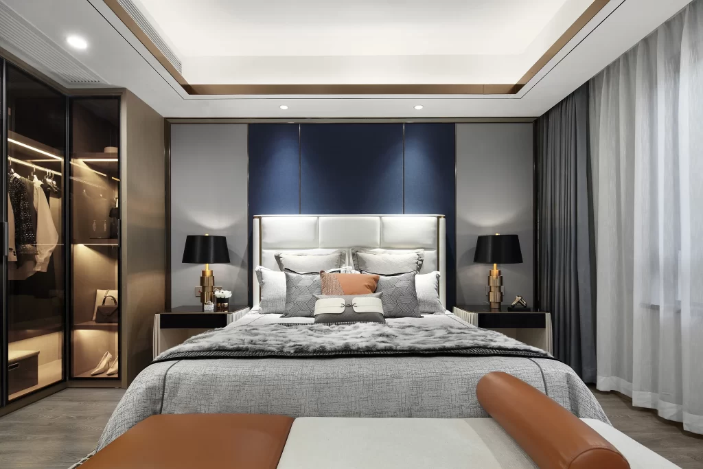 Modern Bedroom Neutral Tones Soft Lighting Wooden Floor Minimalist
